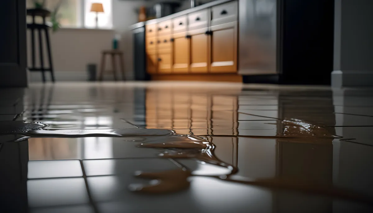 Water spreading across a tile floor from a hidden leak, from our Newport Beach guide: Leak Detection Orange County Guide for Newport Beach Properties