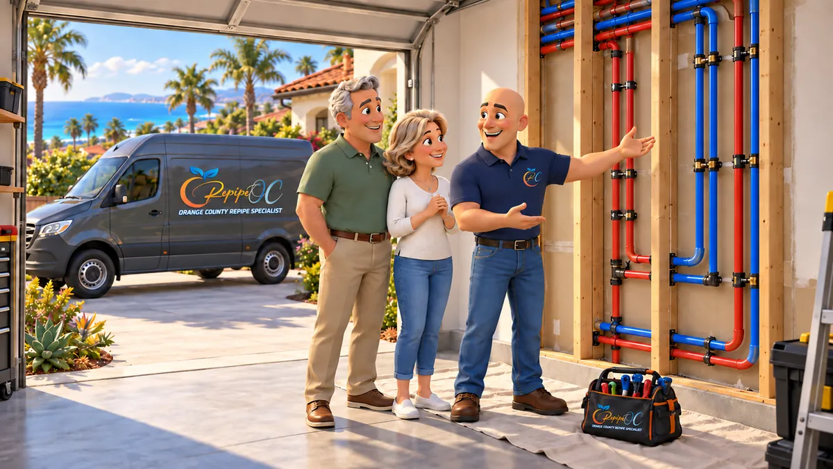Illustration of a repipe walkthrough at an open garage wall with PEX lines – How to Prepare Your Newport Beach Home for a Whole for Newport Beach, CA homes